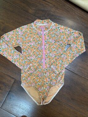 Crewcuts- Girls Floral Long-Sleeve Rashguard Swimsuit - Pink & Orange- Size: 6-7